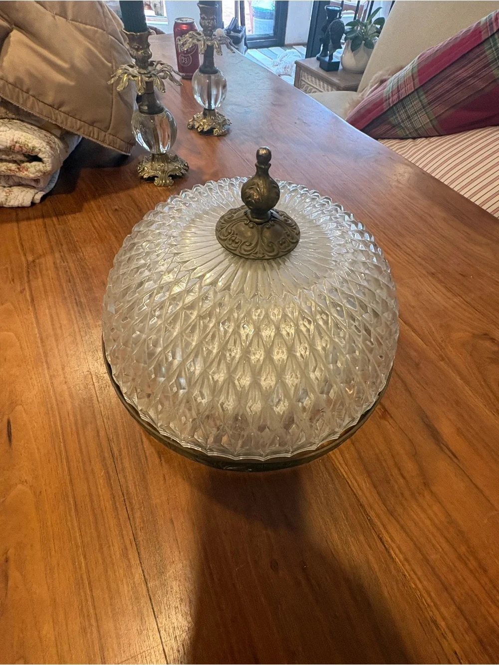 Vintage Glass Dome Ceiling Fixture in Frosted Clear with Brass Trim